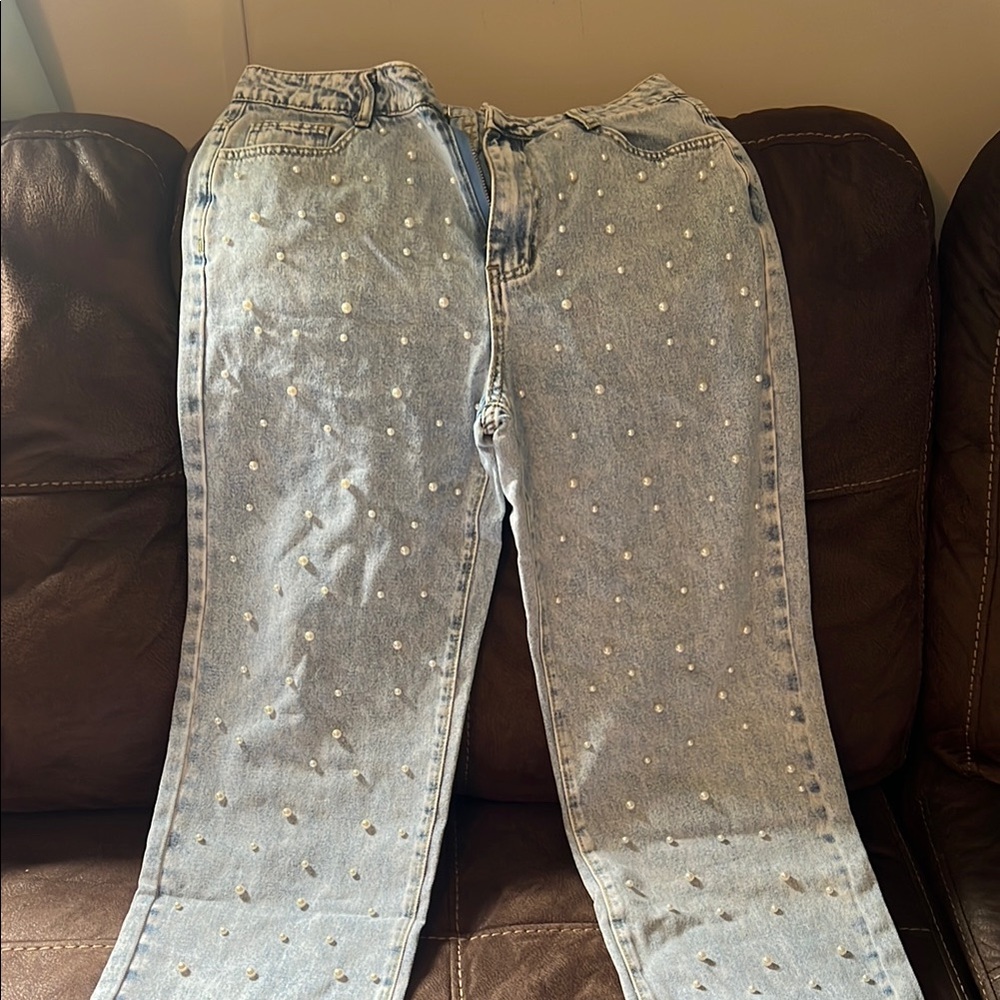 Blue Straight Leg Jeans with Sparkly Embellishments